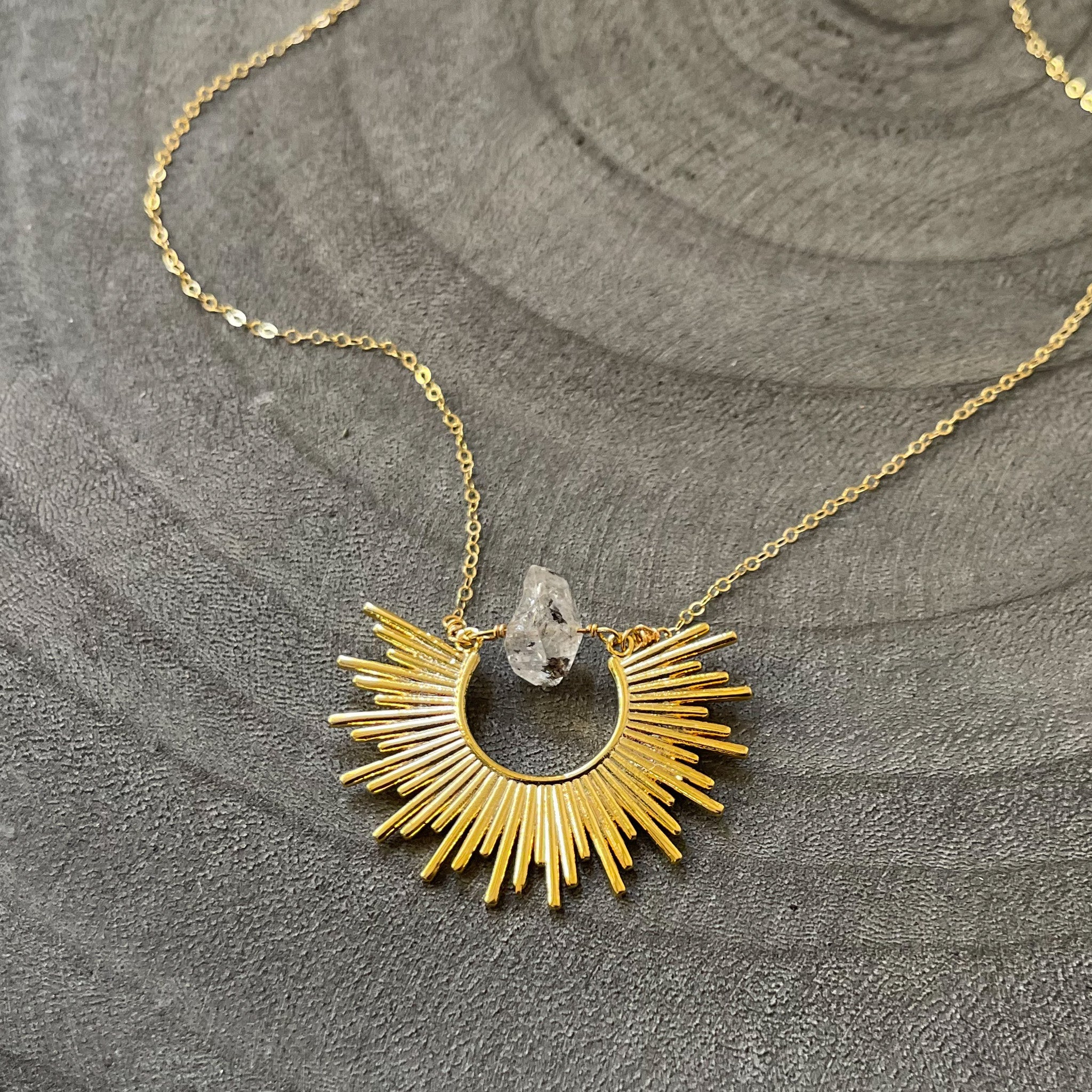 Herkimer Diamong Gold Starburst Necklace, Bohemian Crystal Necklace
