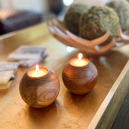 Teak Wood Ball Tealight Candle Holder - Rare Earth Mercantile