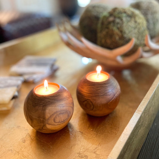 Teak Wood Ball Tealight Candle Holder - Rare Earth Mercantile
