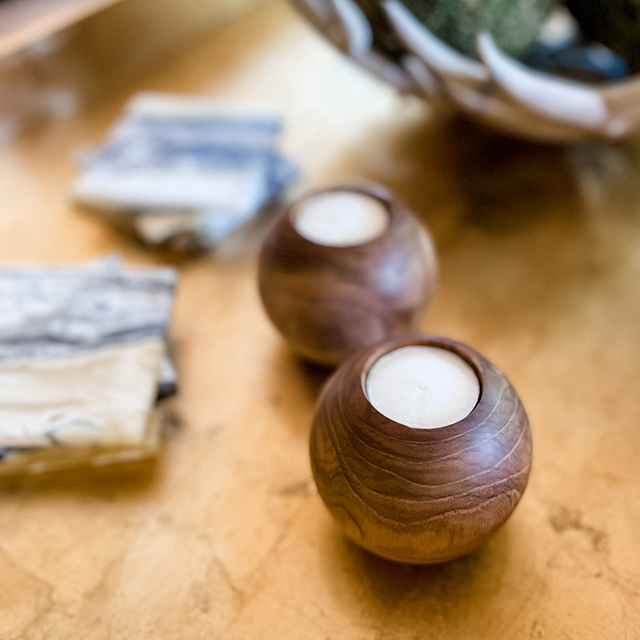 Teak Wood Ball Tealight Candle Holder - Rare Earth Mercantile