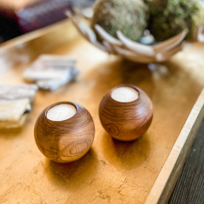 Teak Wood Ball Tealight Candle Holder - Rare Earth Mercantile