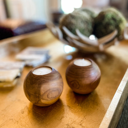 Teak Wood Ball Tealight Candle Holder - Rare Earth Mercantile
