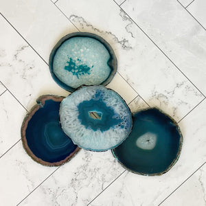 Open image in slideshow, teal agate druzy coasters, blue crystal coasters
