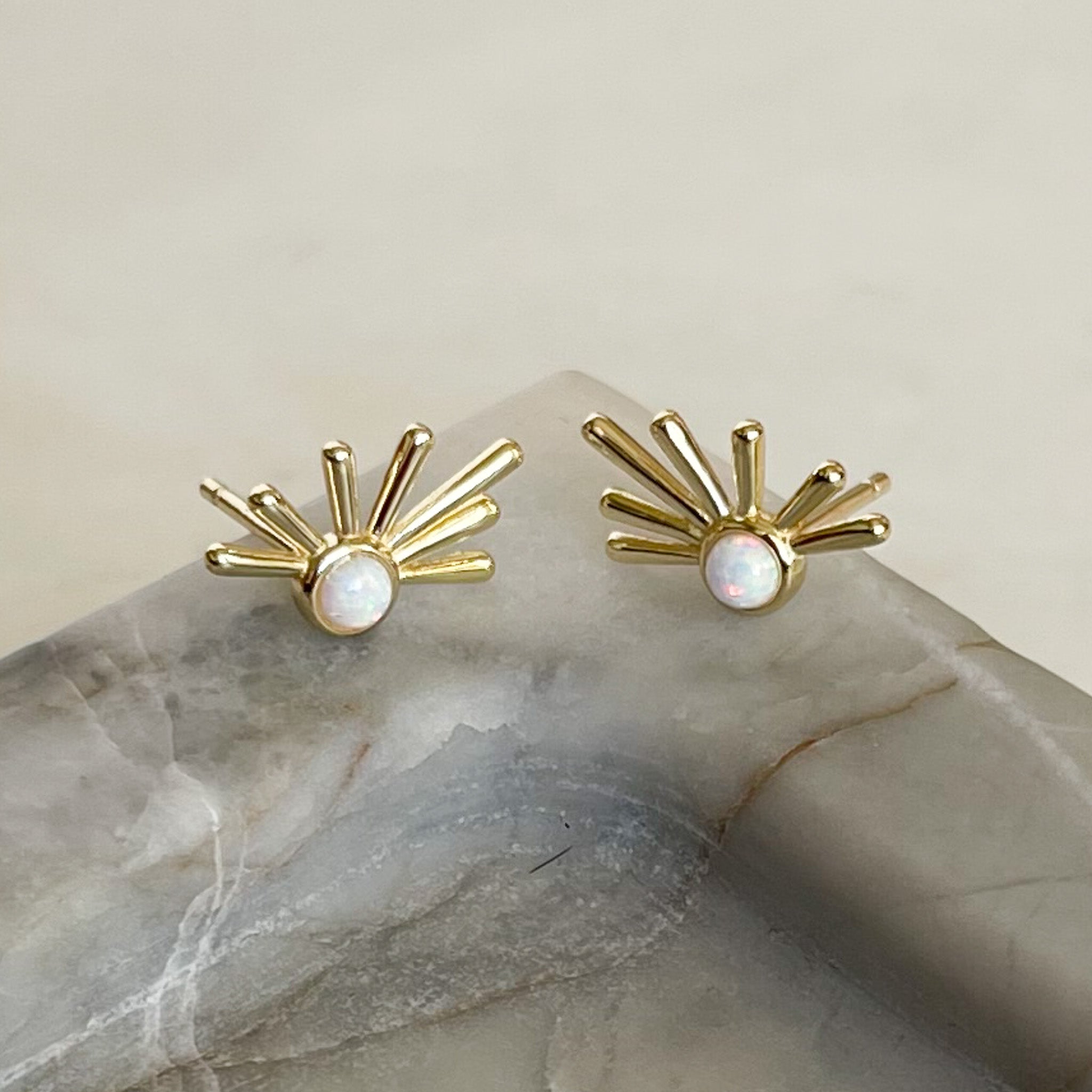 White opal gold stud earrings, unique earrings