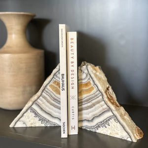 mexican zebra caclite stone bookend pair, onyx bookends